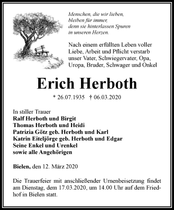 Traueranzeige von Erich Herboth von Thüringer Allgemeine