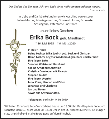 Traueranzeige von Erika Bock von Thüringer Allgemeine