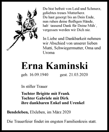 Traueranzeige von Erna Kaminski von Thüringer Allgemeine