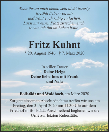 Traueranzeige von Fritz Kuhnt von Ostthüringer Zeitung, Thüringische Landeszeitung