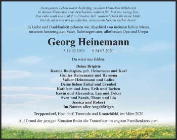 Traueranzeige von Georg Heinemann von Ostthüringer Zeitung