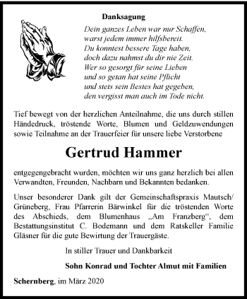 Traueranzeige von Gertrud Hammer