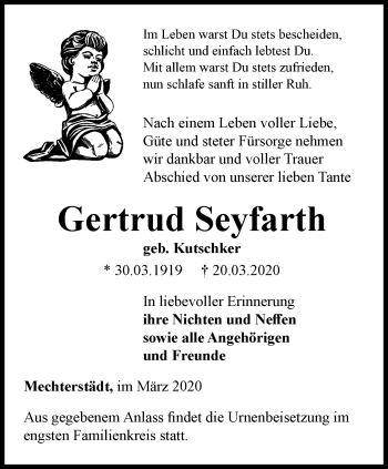 Traueranzeige von Gertrud Seyfarth von Ostthüringer Zeitung, Thüringische Landeszeitung