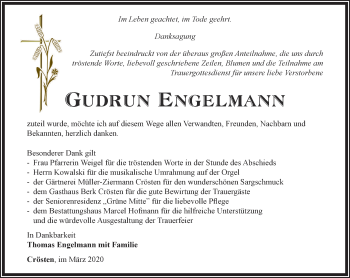 Traueranzeige von Gudrun Engelmann von Ostthüringer Zeitung