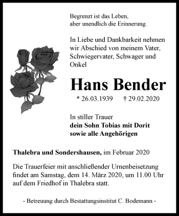 Traueranzeige von Hans Bender