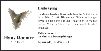 Traueranzeige von Hans Roemer von Thüringer Allgemeine