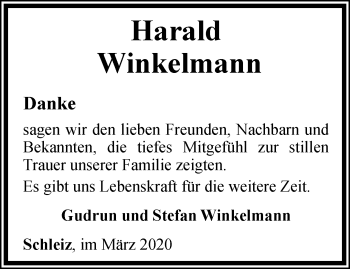 Traueranzeige von Harald Winkelmann von Ostthüringer Zeitung
