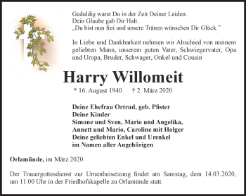 Traueranzeige von Harry Willomeit von Ostthüringer Zeitung, Thüringische Landeszeitung