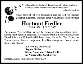 Traueranzeige von Hartmut Fiedler von Ostthüringer Zeitung