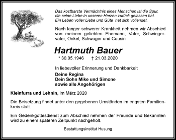Traueranzeige von Hartmuth Bauer von Thüringer Allgemeine