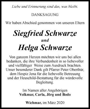 Traueranzeige von Helga und Siegfried Schwarze von Ostthüringer Zeitung, Thüringische Landeszeitung