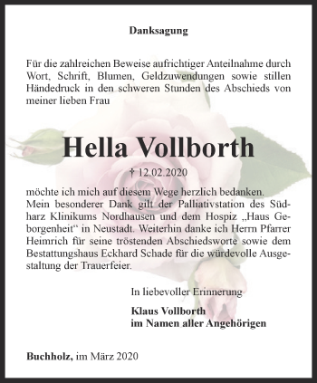 Traueranzeige von Hella Vollborth von Thüringer Allgemeine