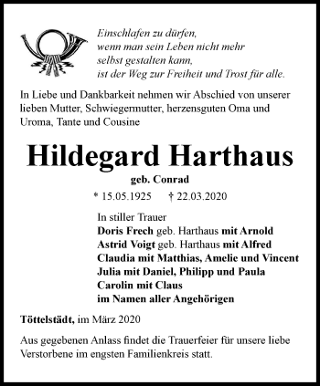 Traueranzeige von Hildegard Harthaus von Thüringer Allgemeine, Thüringische Landeszeitung