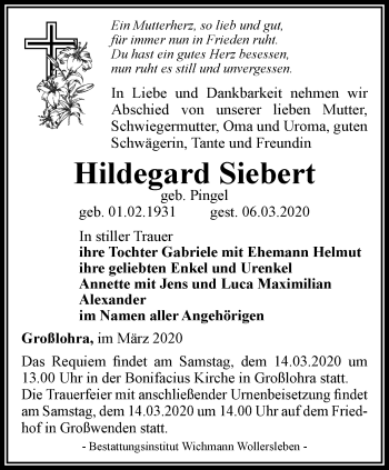 Traueranzeige von Hildegard Siebert von Thüringer Allgemeine