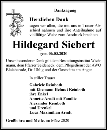 Traueranzeige von Hildegard Siebert von Thüringer Allgemeine