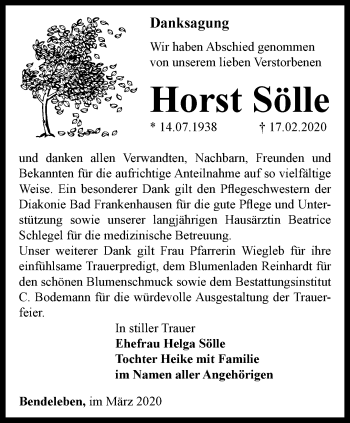 Traueranzeige von Horst Sölle von Thüringer Allgemeine