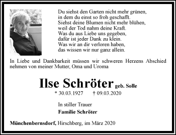 Traueranzeige von Ilse Schröter von Ostthüringer Zeitung