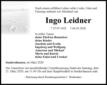 Traueranzeige von Ingo Leidner