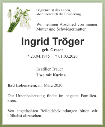 Traueranzeige von Ingrid Tröger von Ostthüringer Zeitung