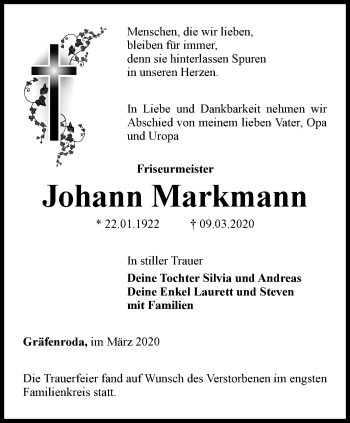 Traueranzeige von Johann Markmann von Thüringer Allgemeine