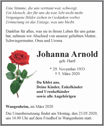 Traueranzeige von Johanna Arnold von Ostthüringer Zeitung, Thüringische Landeszeitung