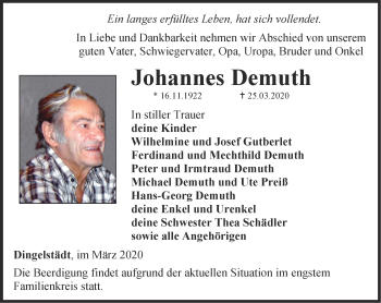 Traueranzeige von Johannes Demuth von Thüringer Allgemeine