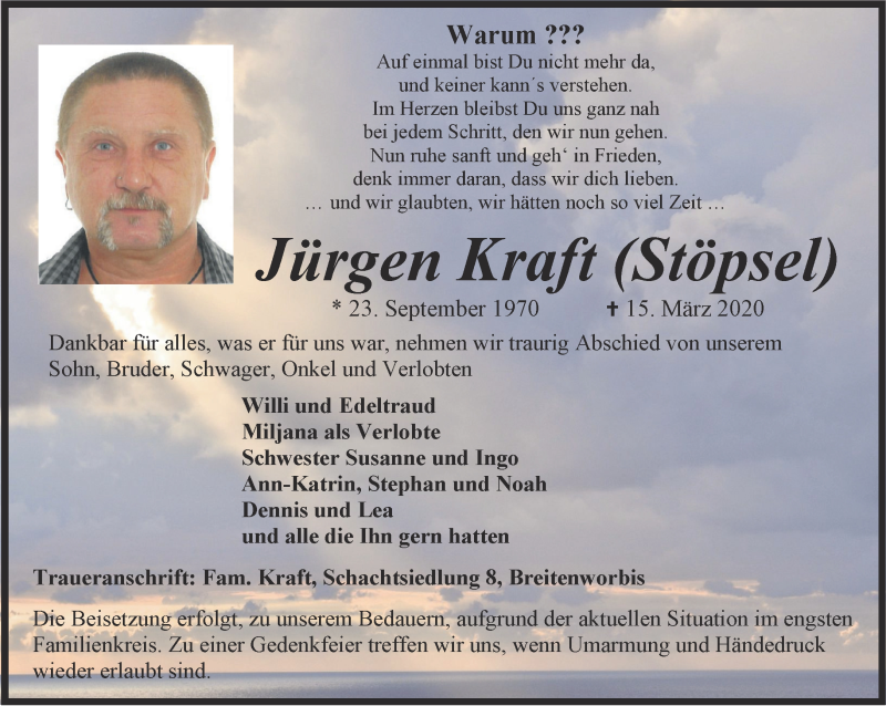  Traueranzeige für Jürgen Kraft vom 28.03.2020 aus Thüringer Allgemeine