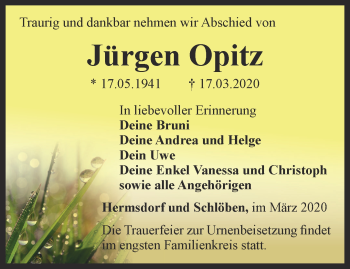 Traueranzeige von Jürgen Opitz von Ostthüringer Zeitung