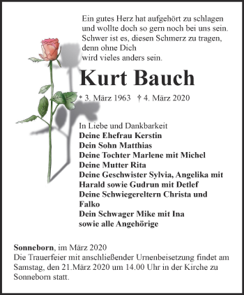 Traueranzeige von Kurt Bauch von Ostthüringer Zeitung, Thüringische Landeszeitung