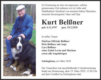 Traueranzeige von Kurt Belßner von Ostthüringer Zeitung