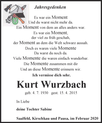 Traueranzeige von Kurt Wurzbach von Ostthüringer Zeitung