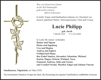 Traueranzeige von Lucie Philipp von Thüringer Allgemeine, Thüringische Landeszeitung
