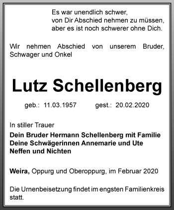 Traueranzeige von Lutz Schellenberg von Ostthüringer Zeitung