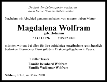 Traueranzeige von Magdalena Wolfram von Ostthüringer Zeitung