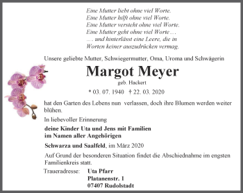 Traueranzeige von Margot Meyer von Ostthüringer Zeitung