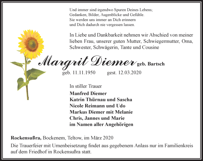  Traueranzeige für Margrit Diemer vom 21.03.2020 aus Thüringer Allgemeine, Thüringische Landeszeitung