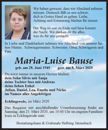 Traueranzeige von Maria-Luise Bause von Thüringer Allgemeine