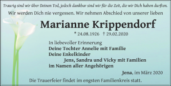 Traueranzeige von Marianne Krippendorf von Ostthüringer Zeitung, Thüringische Landeszeitung