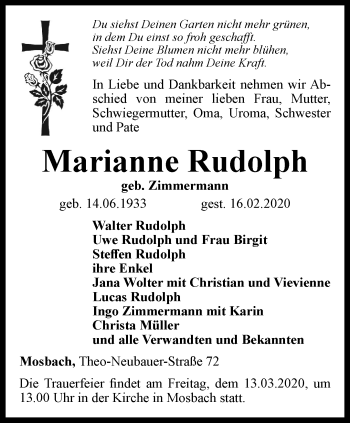 Traueranzeige von Marianne Rudolph von Thüringer Allgemeine, Thüringische Landeszeitung