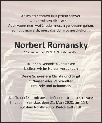 Traueranzeige von Norbert Romansky von Ostthüringer Zeitung