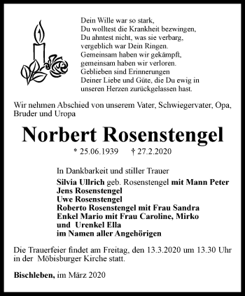 Traueranzeige von Norbert Rosenstengel von Thüringer Allgemeine, Thüringische Landeszeitung