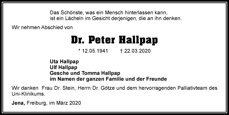  Traueranzeige für Peter Hallpap vom 28.03.2020 aus Ostthüringer Zeitung, Thüringische Landeszeitung