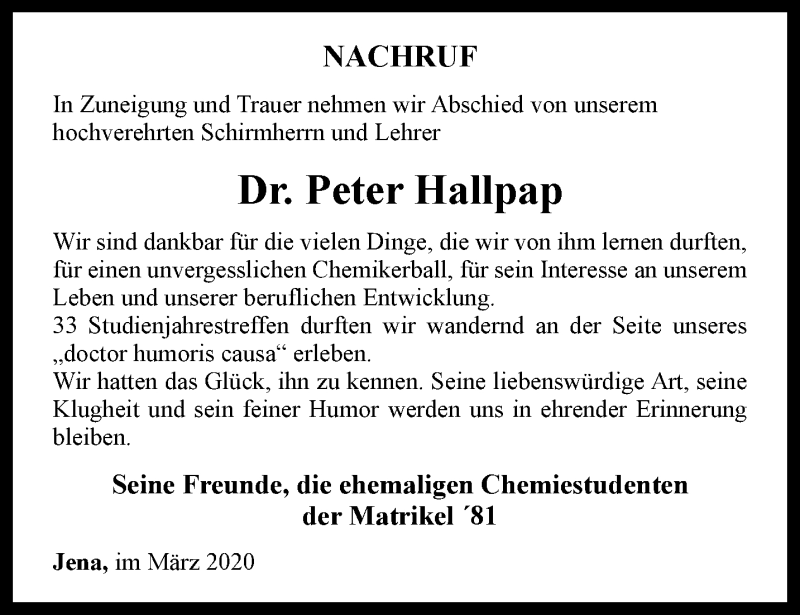  Traueranzeige für Peter Hallpap vom 31.03.2020 aus Ostthüringer Zeitung, Thüringische Landeszeitung