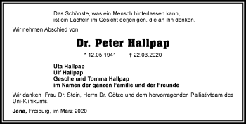 Traueranzeige von Peter Hallpap von Ostthüringer Zeitung, Thüringische Landeszeitung