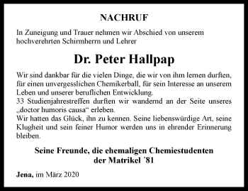 Traueranzeige von Peter Hallpap von Ostthüringer Zeitung, Thüringische Landeszeitung