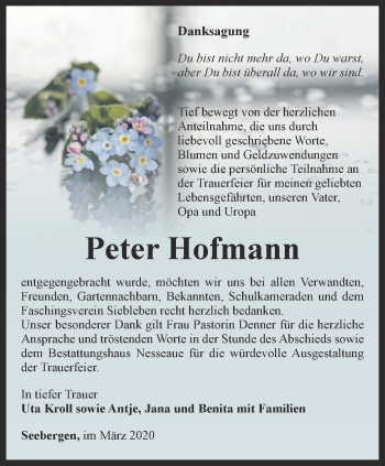 Traueranzeige von Peter Hofmann von Ostthüringer Zeitung, Thüringische Landeszeitung