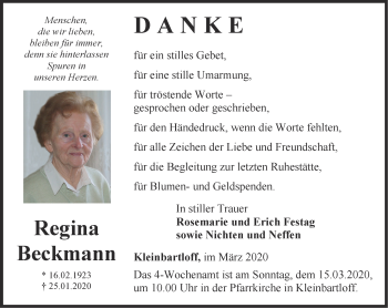 Traueranzeige von Regina Beckmann von Thüringer Allgemeine