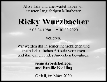 Traueranzeige von Ricky Wurzbacher von Ostthüringer Zeitung