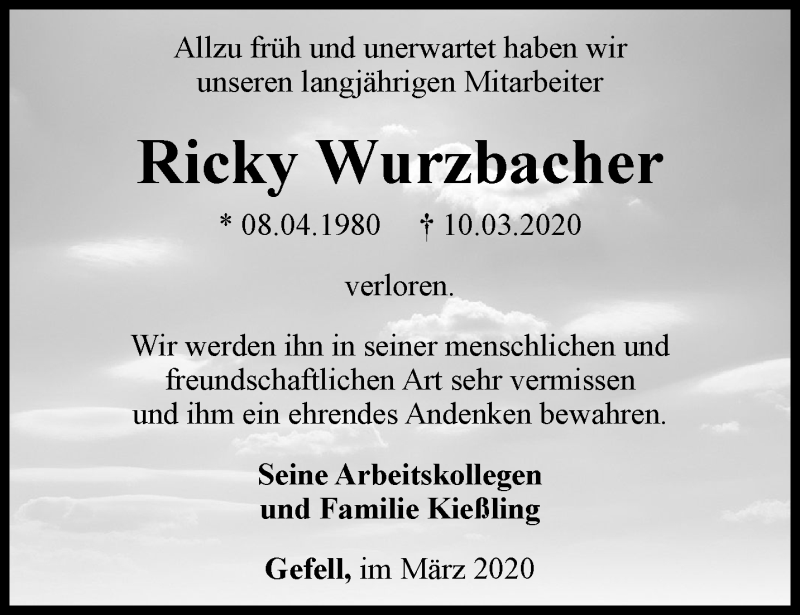  Traueranzeige für Ricky Wurzbacher vom 14.03.2020 aus Ostthüringer Zeitung