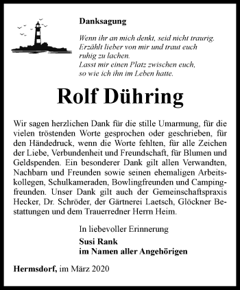 Traueranzeige von Rolf Dühring von Ostthüringer Zeitung